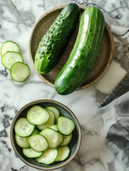 Cucumbers and a bowl of sliced cucumbers.