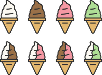 色んな味の、ソフトクリームのアイコン（線画カラー）のイラスト