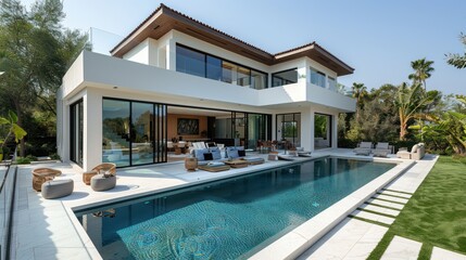 Fototapeta premium A wide-angle shot of the backyard and pool area, glass windows on all sides with outdoor furniture, white stucco walls, modern design, roof with a balcony, grassy lawn