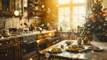 Christmas morning breakfast in a cozy kitchen with a festive atmosphere, double exposure style