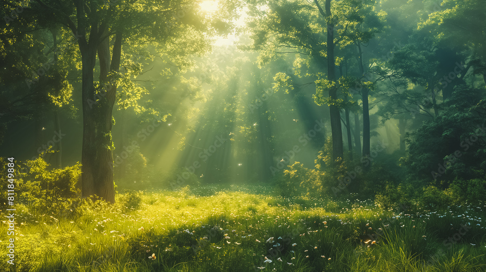 Aufkleber a bright sunny day in a forest with trees and grass. the sunlight is shining through the trees, crea