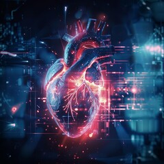 Illustration of futuristic medical research reveals a heart pulsing with vibrant light, Sharpen banner template with copy space on center