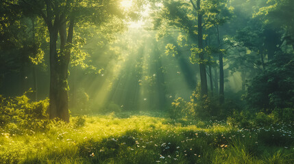 Obraz premium A bright sunny day in a forest with trees and grass. The sunlight is shining through the trees, creating a warm and inviting atmosphere