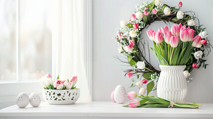 Beautiful Easter wreath and vase with bouquet of tulip