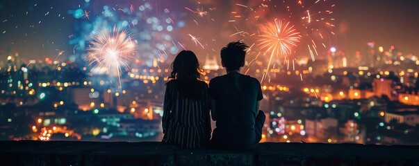 Couple watching fireworks on Valentines Day from a rooftop, light painting style