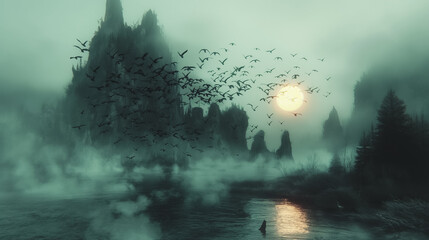 A dark and foggy landscape with a large body of water and a large moon. The sky is filled with a large flock of birds flying in the air - Powered by Adobe