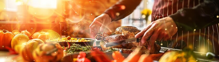 Family cooking a traditional Thanksgiving meal together, double exposure style