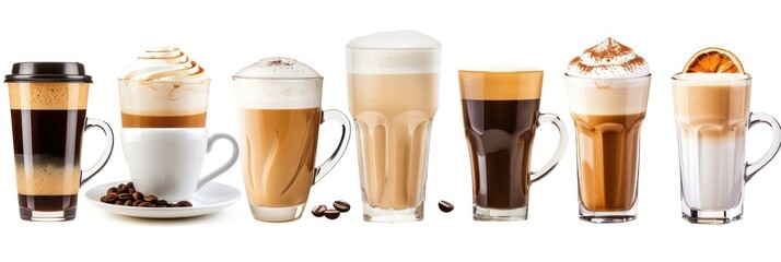 Set types of coffee drinks isolated on white background