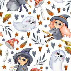 Hand-drawn watercolor Halloween seamless pattern with witches, cute ghosts, fly agarics and leaves on a white background