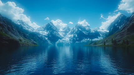 Fototapeta premium A beautiful blue lake with mountains in the background. The mountains are covered in snow and the water is calm. The scene is peaceful and serene, with the mountains