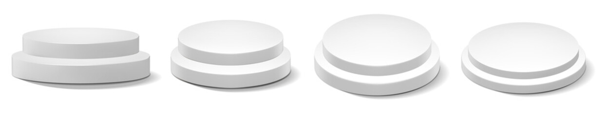 Set of empty white podiums, modern pedestals and platforms, stand stages, cylinders, round empty stages, and Product Presentation, podium stairs, 3D template for product presentations