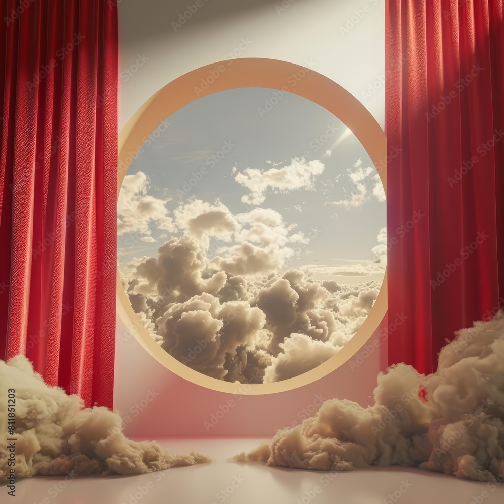Poster red curtain waves against a backdrop of clouds flying in front of circle shapes, setting a dramatic 
