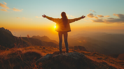 A woman stands on a mountain top, arms outstretched, with the sun shining on her. Concept of freedom and joy, as the woman is embracing the beauty of nature and the warmth of the sun