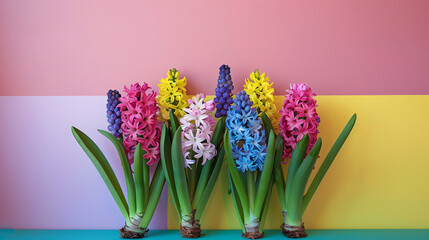 Beautiful hyacinth flowers on table against color background