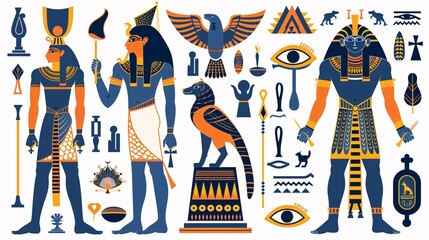 Ancient Egyptian Gods and Symbols Vector Illustration, Blue and Orange Color Scheme
