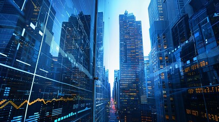 Futuristic Cityscape with Digital Overlays on Skyscrapers, Financial Data Visualization
