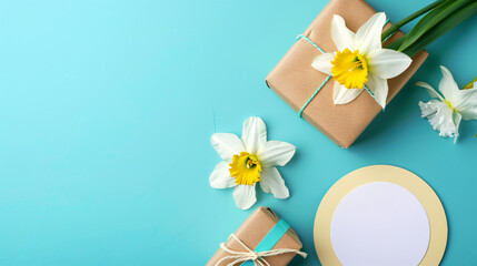 Beautiful narcissus gift box and round blank card on c