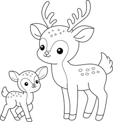 Cute kawaii deer and baby cartoon character coloring page vector illustration. Wild animal, mothers day colouring page for kids