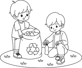 Cute kawaii eco friendly kids collecting waste coloring page. Boy, girl caring of environment, sorting . Earth day coloring page. Concept with children picking up trash