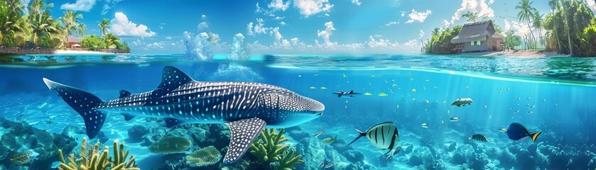 Focus on a magnificent whale shark gliding through crystalclear waters in a beautiful tropical seascape background
