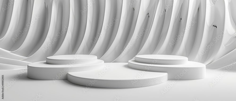 Poster wavy lines and 3d rendering podiums set a perfect stage for a minimal white product display, sharpen