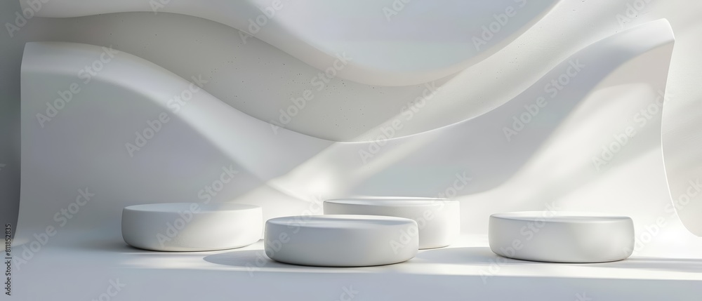 Poster wavy lines and 3d rendering podiums set a perfect stage for a minimal white product display, sharpen