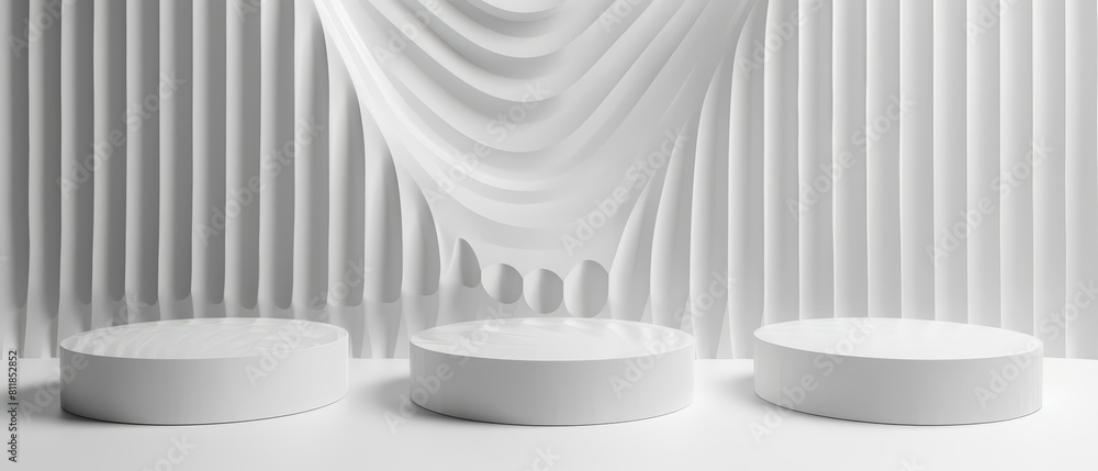 Poster wavy lines and 3d rendering podiums set a perfect stage for a minimal white product display, sharpen