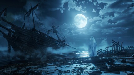 The full moon rises over a dark and stormy sea