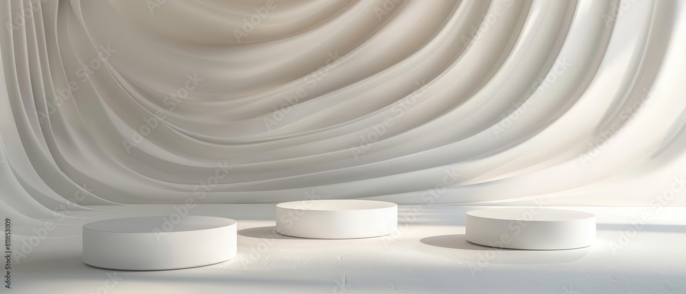 Fototapete wavy lines and 3d rendering podiums set a perfect stage for a minimal white product display, sharpen