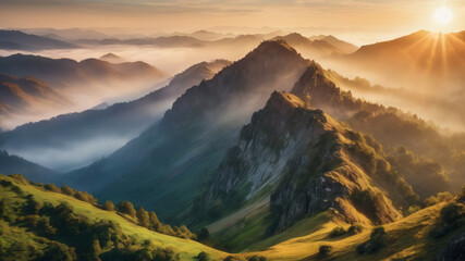 Beautiful landscape with mountains, mist and sun in the morning. Travel background