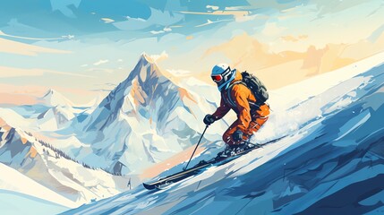 Alpine skiing view of mountain resort theme cartoon drawing analogous color Scheme, cinematic and detail with sharp focus
