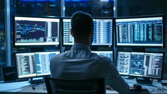 Network engineer intently monitoring extensive data across multiple screens modern control room. Darkened room glow from the screens emphasize high-tech environment critical nature of data security