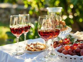 Naklejka premium Wine glasses with snacks for a picnic on a table in the garden