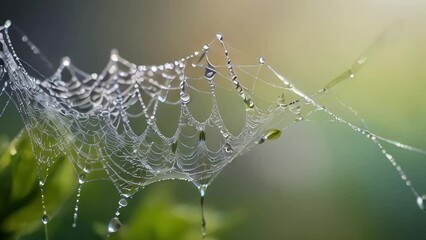 A macro view of delicate spider silk glistening with morning dew, stretching between branches like strands of a celestial web woven by ethereal artisans.

