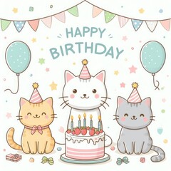 Many cats with a cake and balloons art realistic photo card design illustrator.
