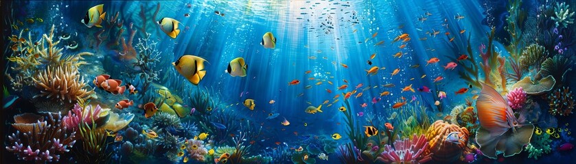 Focus on a school of vibrant angelfish darting through sunlit waters in a beautiful coral reef backdrop