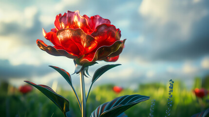 Obraz premium A metal carnation in the garden, beautiful sky on background, 3D