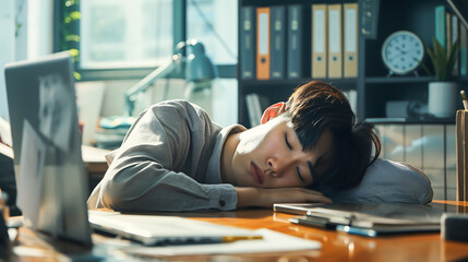 
Exhausted and tired young asian office worker falling asleep on desk because of overtime work hours. Feeling sleepy during working. Taking a nap