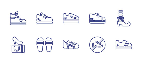 Shoes line icon set. Editable stroke. Vector illustration. Containing no shoes, shoe, shoes, slippers, sport shoes, shopping bag, leprechaun shoe.