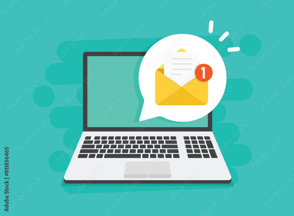 Poster laptop with envelope icon in flat style. computer vector illustration on isolated background. email 