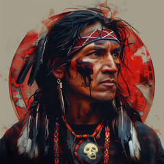 portrait of an old native american man, circle with red splashes around it, in the style of digital art