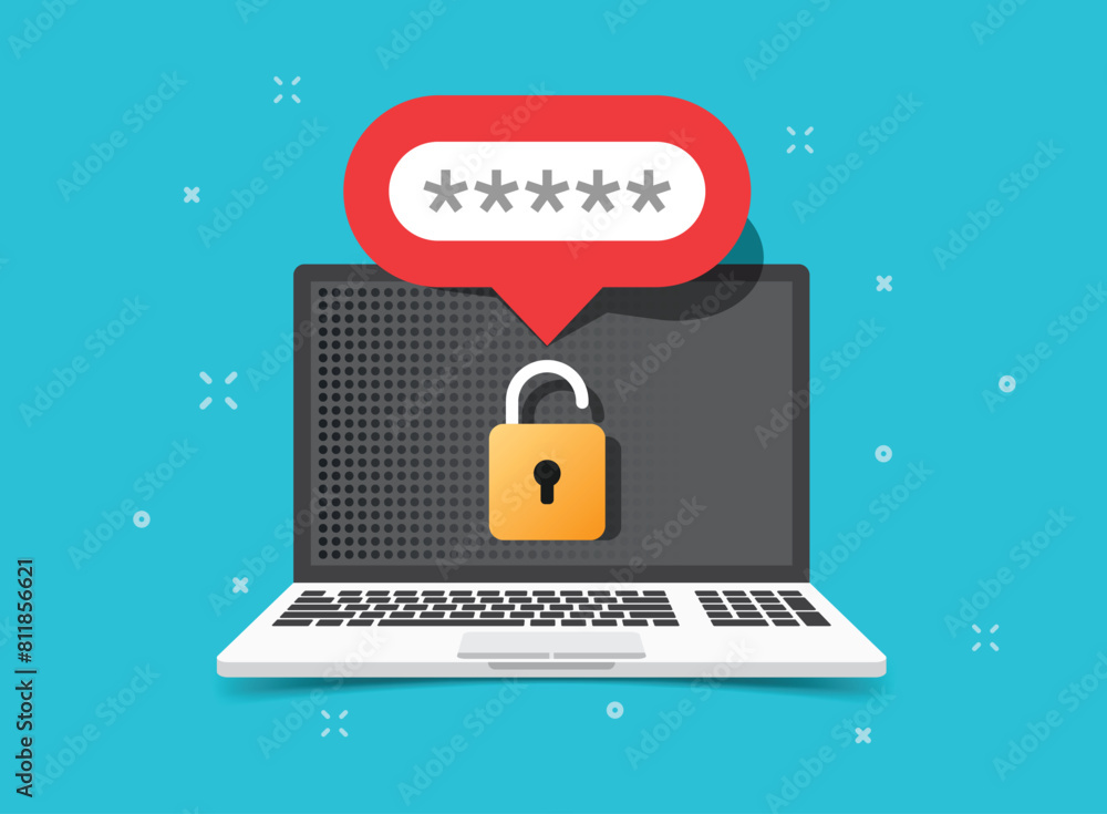 Poster laptop with account login icon in flat style. password form page vector illustration on isolated bac