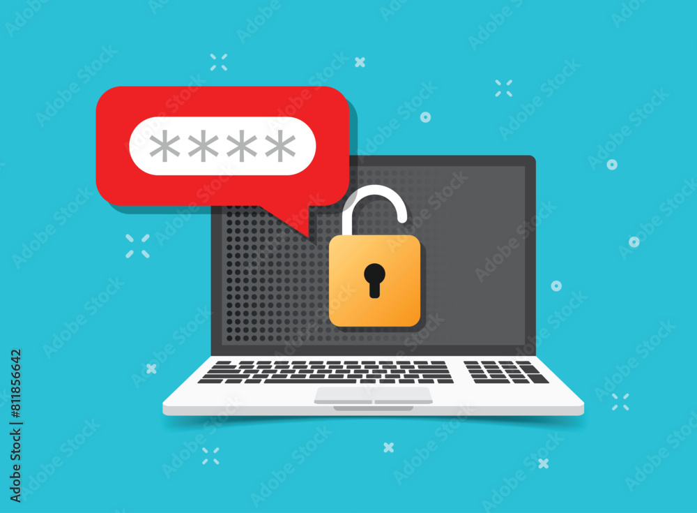 Poster laptop with account login icon in flat style. password form page vector illustration on isolated bac