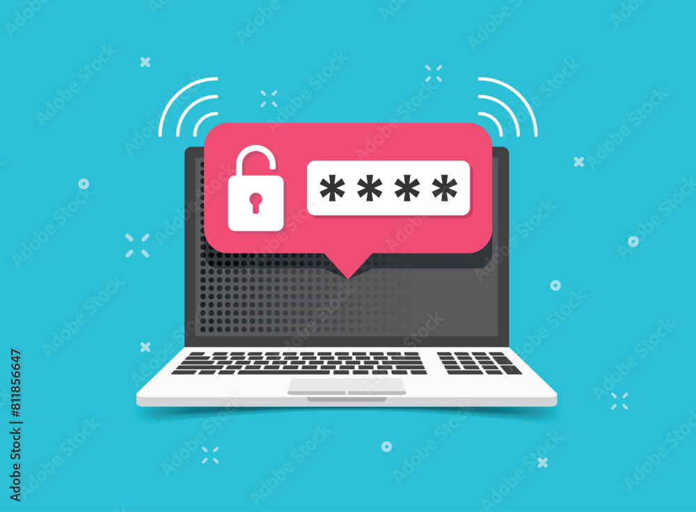 Poster laptop with account login icon in flat style. password form page vector illustration on isolated bac