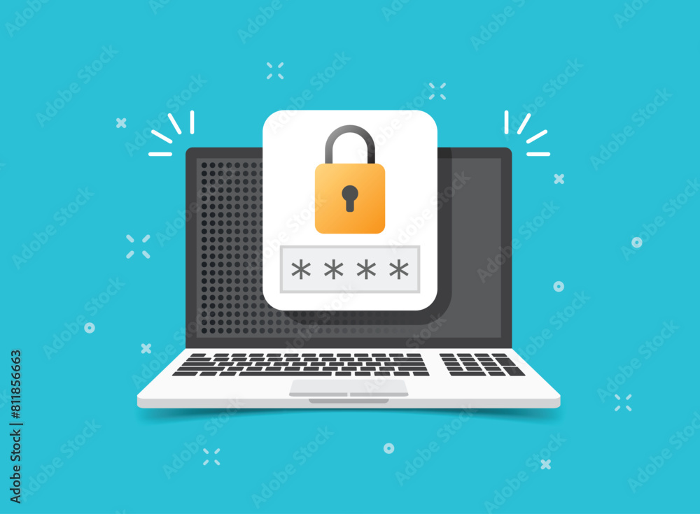 Poster laptop with account login icon in flat style. password form page vector illustration on isolated bac