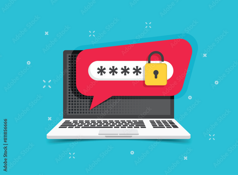 Poster laptop with account login icon in flat style. password form page vector illustration on isolated bac