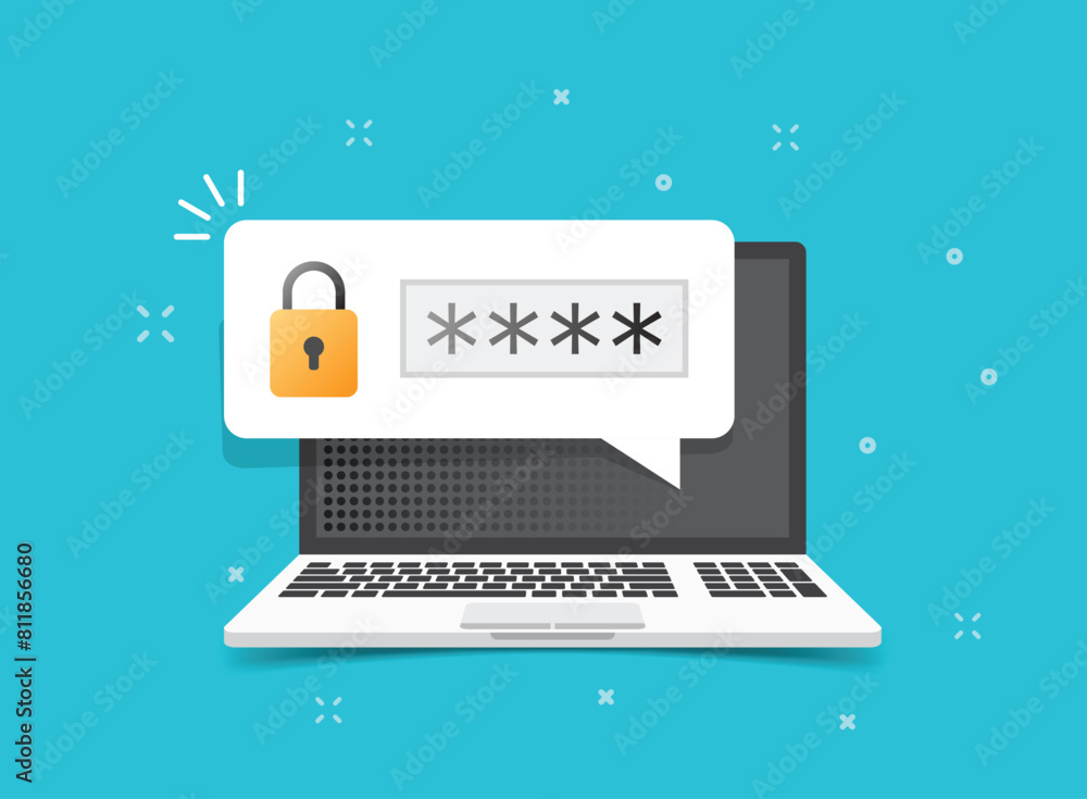 Poster laptop with account login icon in flat style. password form page vector illustration on isolated bac