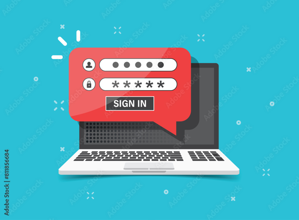 Poster laptop with account login icon in flat style. password form page vector illustration on isolated bac