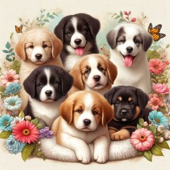 Many puppies in a wreath of flowers art attractive harmony card design illustrator.