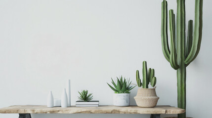 Big cactus with table and home decor near white wall i - Powered by Adobe
